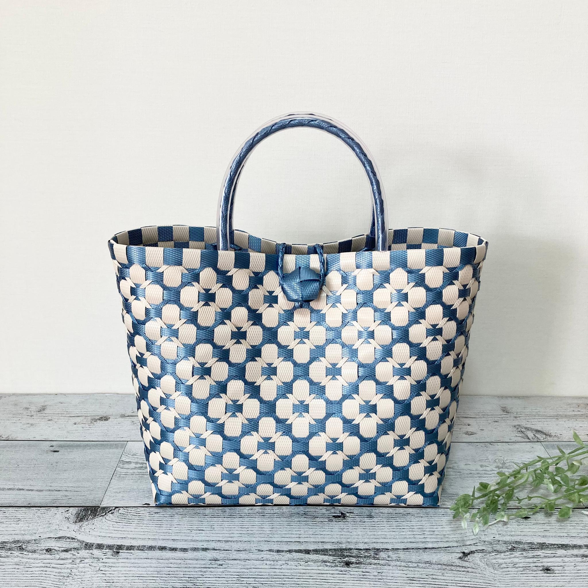 プラカゴバッグ　Lサイズ　花柄　メタルックブルー×アイボリー　プラカゴ