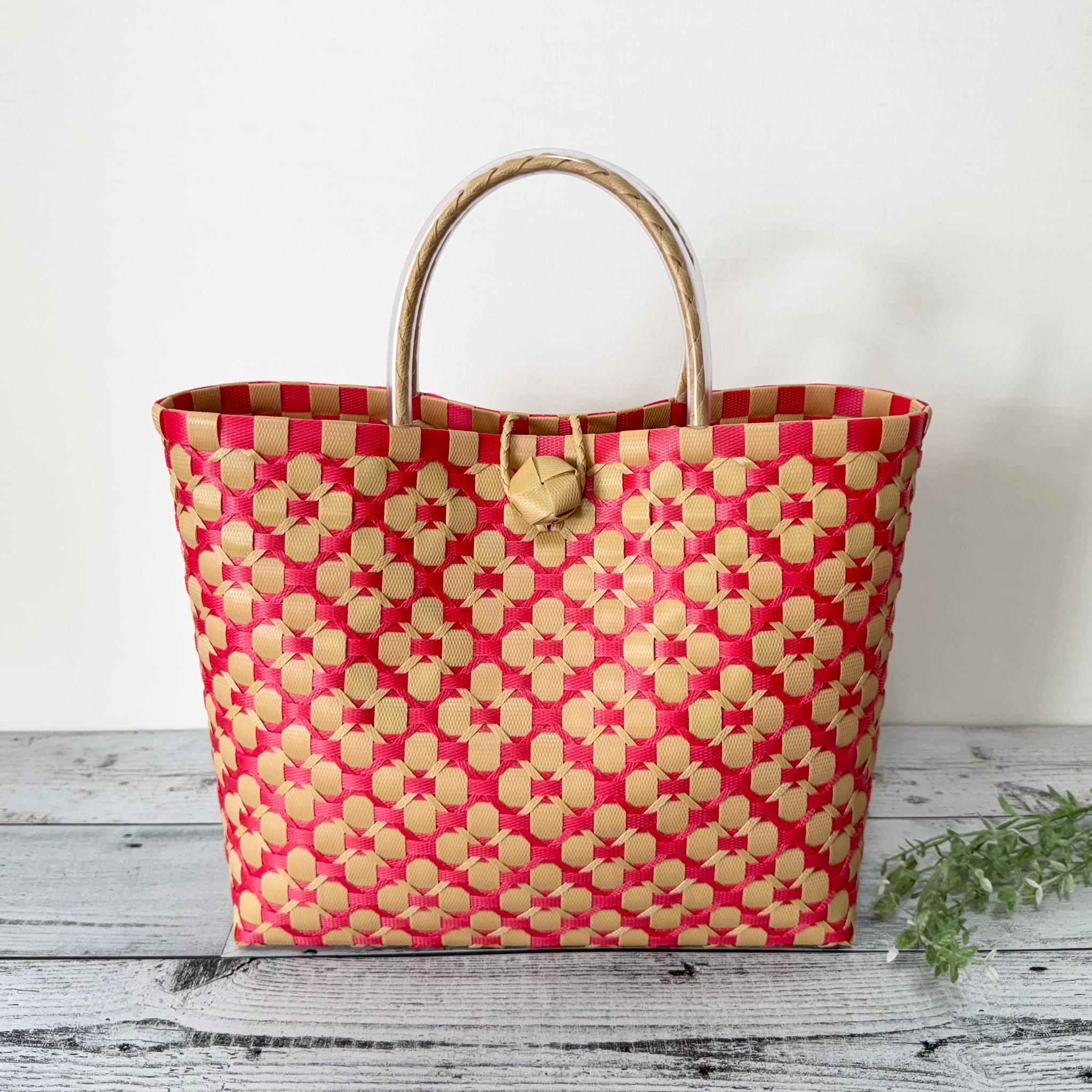 プラカゴバッグ　A4対応　LLサイズ　花柄　レット×ベージュ　プラかごバッグ　ppバンド1枚目の画像