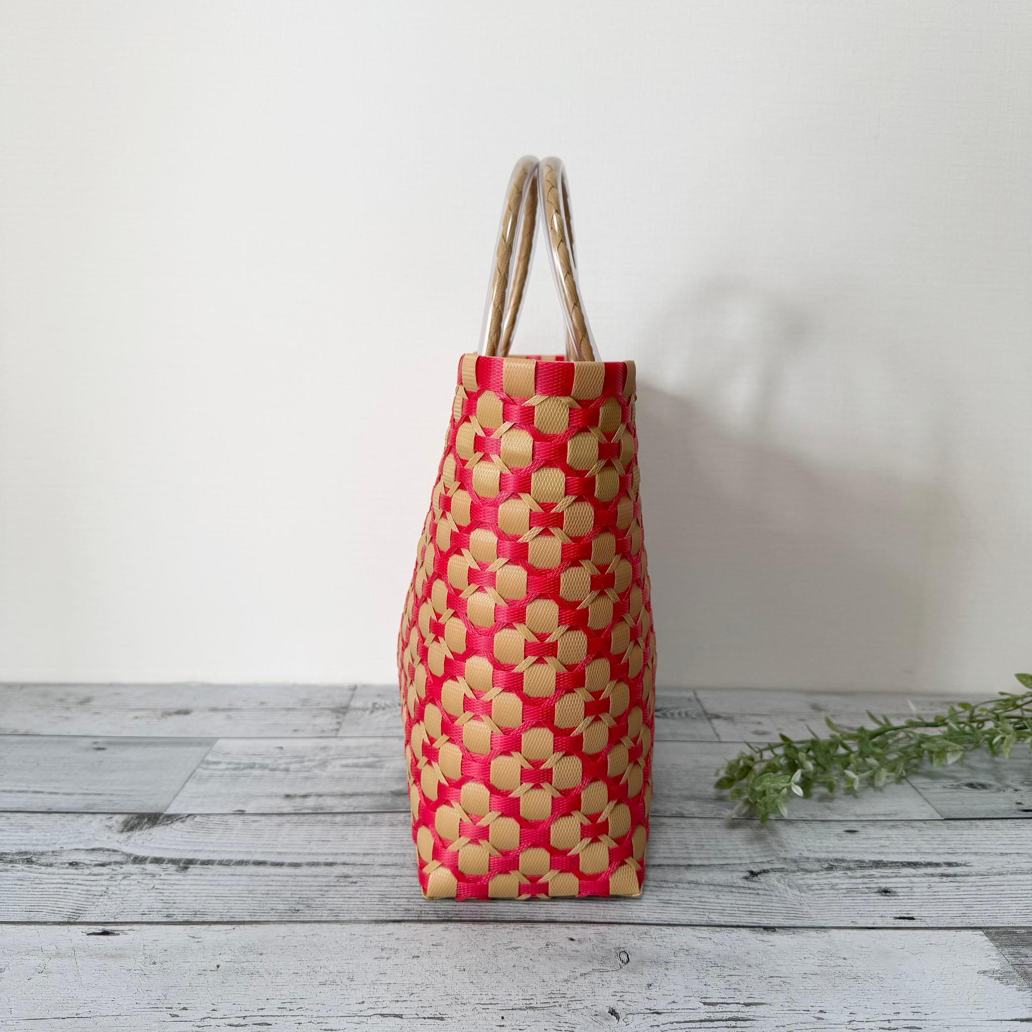 プラカゴバッグ　A4対応　LLサイズ　花柄　レット×ベージュ　プラかごバッグ　ppバンド | 2枚目