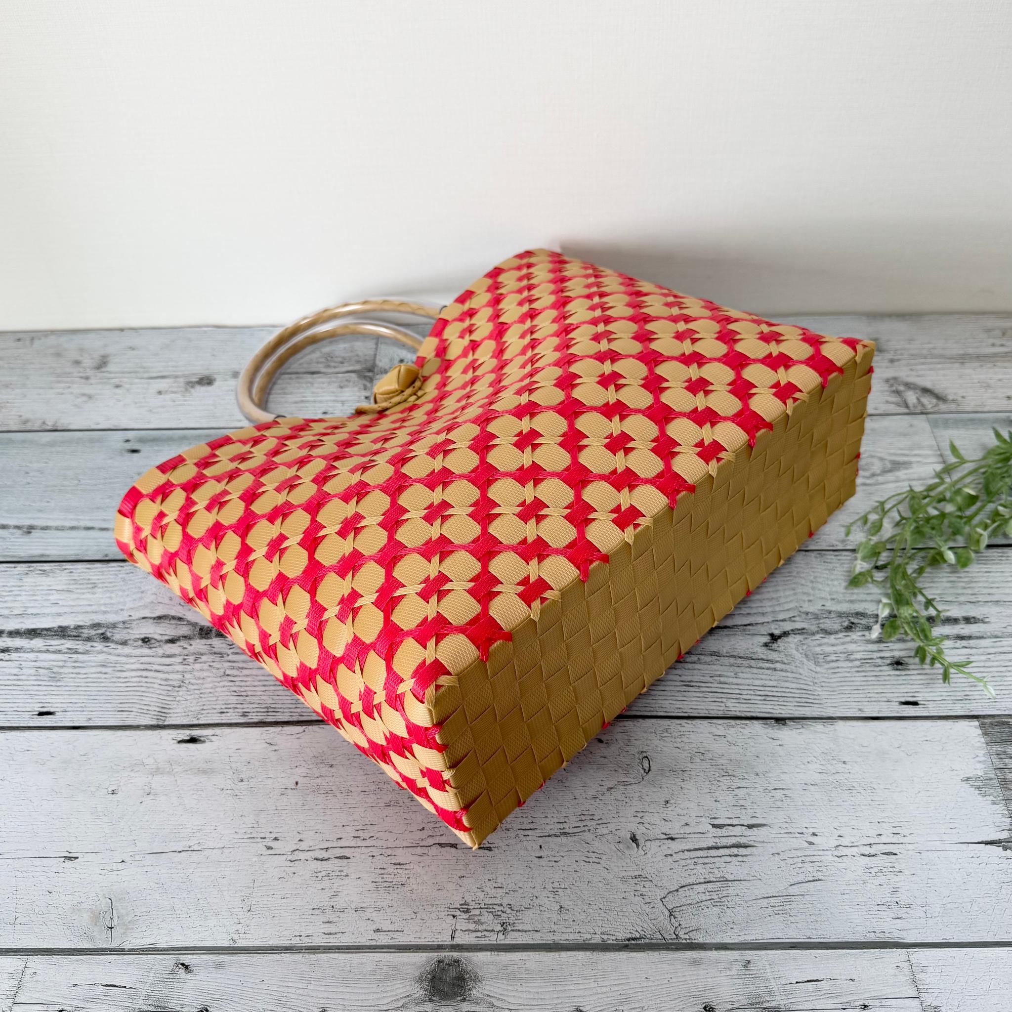 プラカゴバッグ　A4対応　LLサイズ　花柄　レット×ベージュ　プラかごバッグ　ppバンド | 3枚目