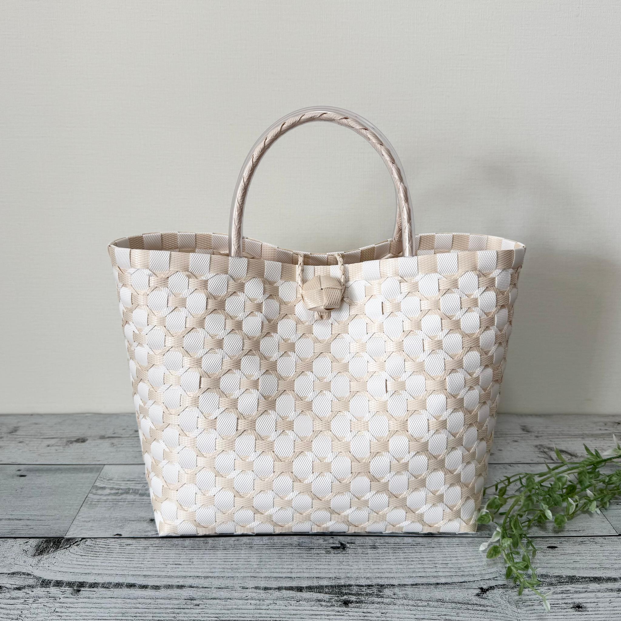 プラカゴバッグ　Lサイズ　花柄　オフホワイト　プラカゴ1枚目の画像