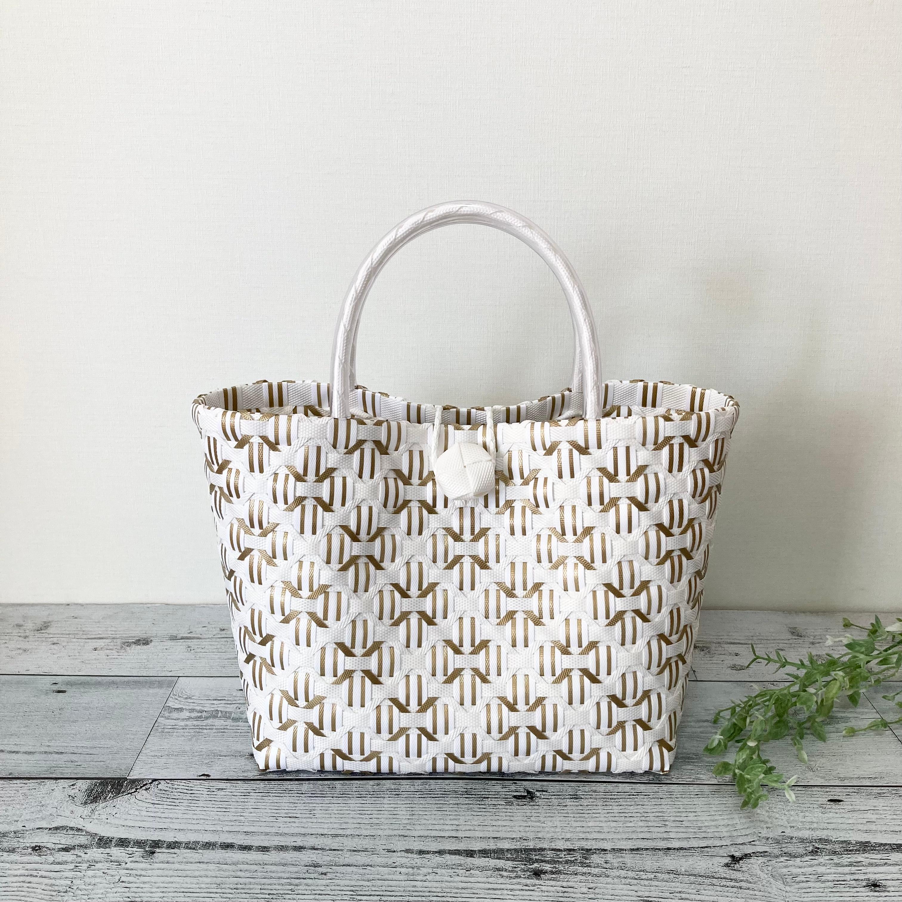 プラカゴバッグ　Mサイズ　花柄　ホワイト×ゴールドライン