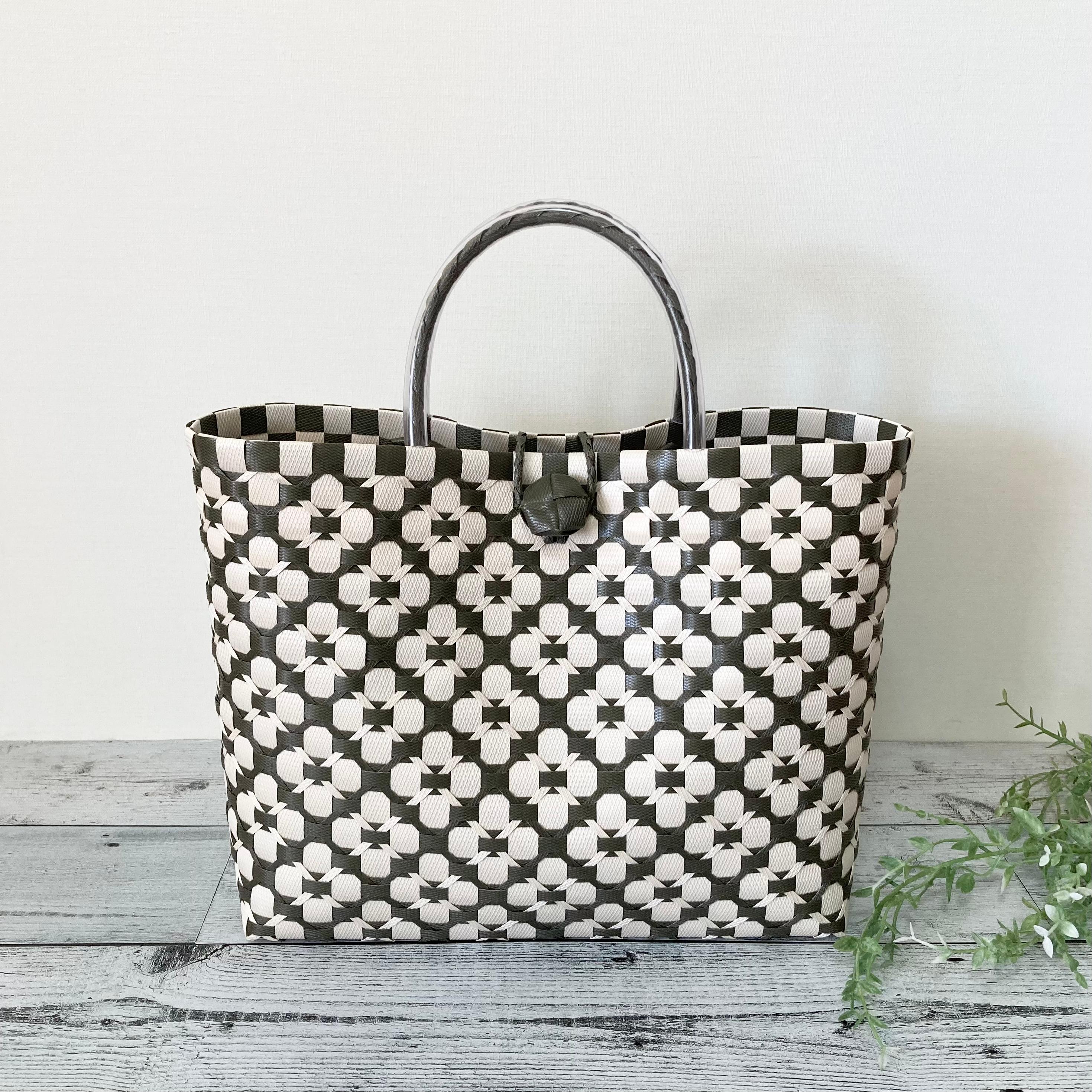 プラカゴバッグ　A4対応　LLサイズ　花柄　オリーブ×アイボリー